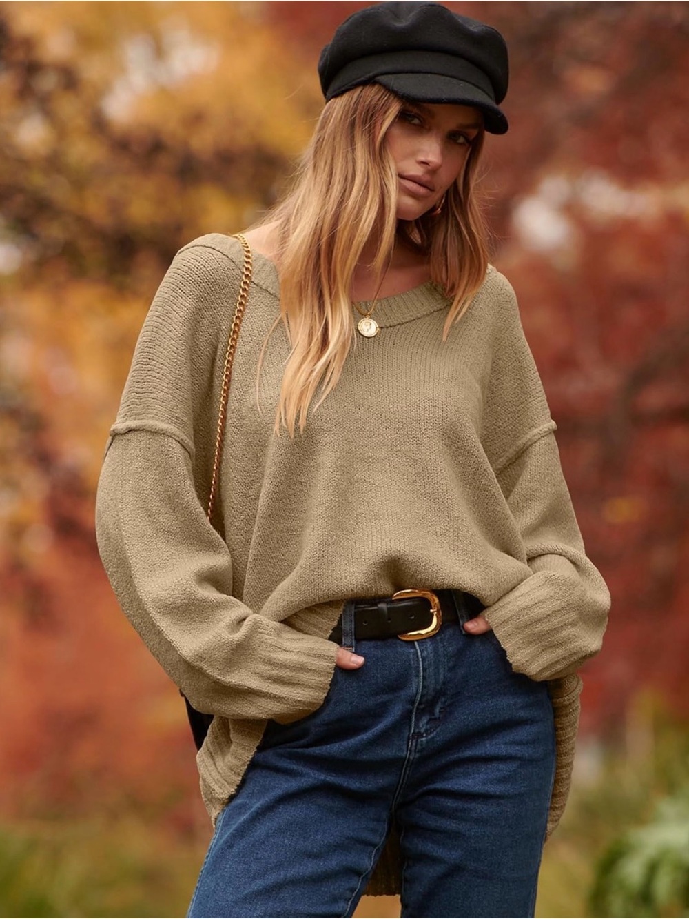 ANRABESS Oversized Scoop V Neck Batwing Long Sleeve Knit Pullover Sweaters - Picture 2 of 10